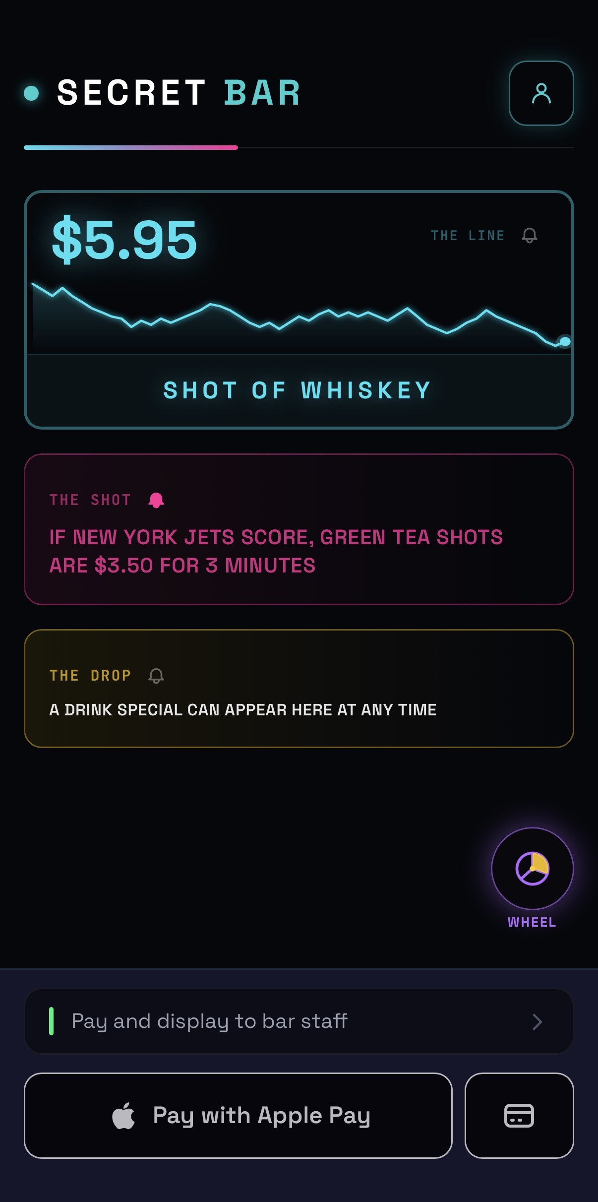 threedeep app showing live drink specials: The Line, The Shot, and The Drop