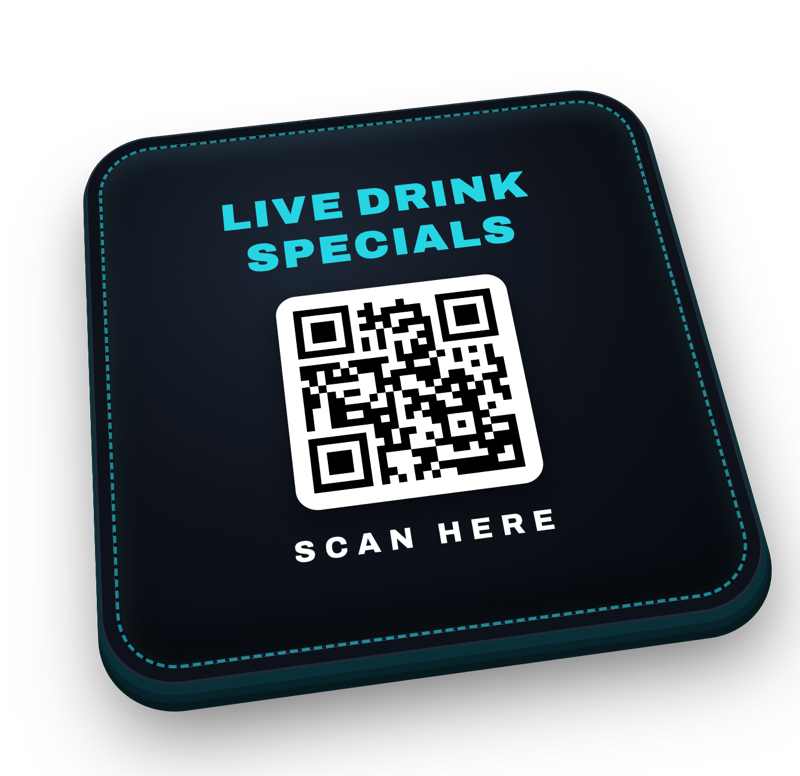threedeep QR code coaster — scan for live drink specials
